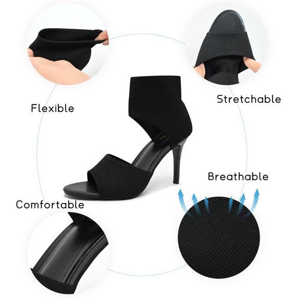 Black 3 Inches Peep Toe Synthetic Stiletto Stretchy Heeled Sandals for Women - Picture 2 of 9